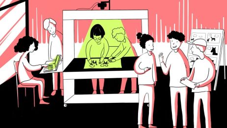 Auf einer Illustration in den Farben Rot, Gelb, Weiß und Schwarz  steht eine Workshop-Gruppe um den Tricktisch.